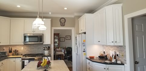 Led Recess lighting. X2 pendants over island. LED undercabinet lights, USB outlets, Dimmers, and modern White Decorah Devices in Southbury, CT (4)