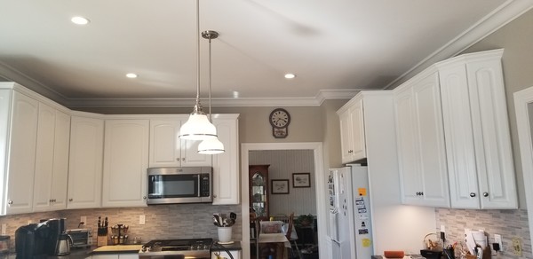 Led Recess lighting. X2 pendants over island. LED undercabinet lights, USB outlets, Dimmers, and modern White Decorah Devices in Southbury, CT (5)